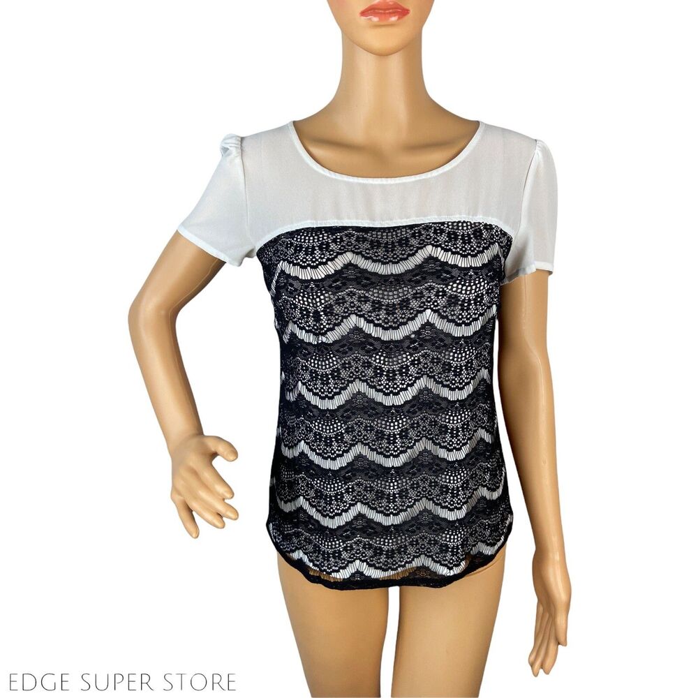 INC International Concepts Black White Lace Accent Trim Work Blouse Top Size 2